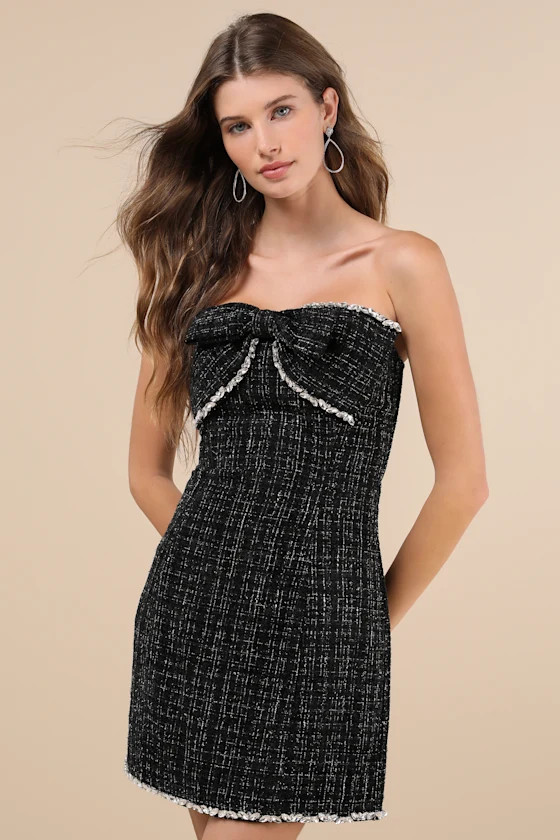 Precious and Perfect Black Tweed Rhinestone Bow Mini Dress | Lulus