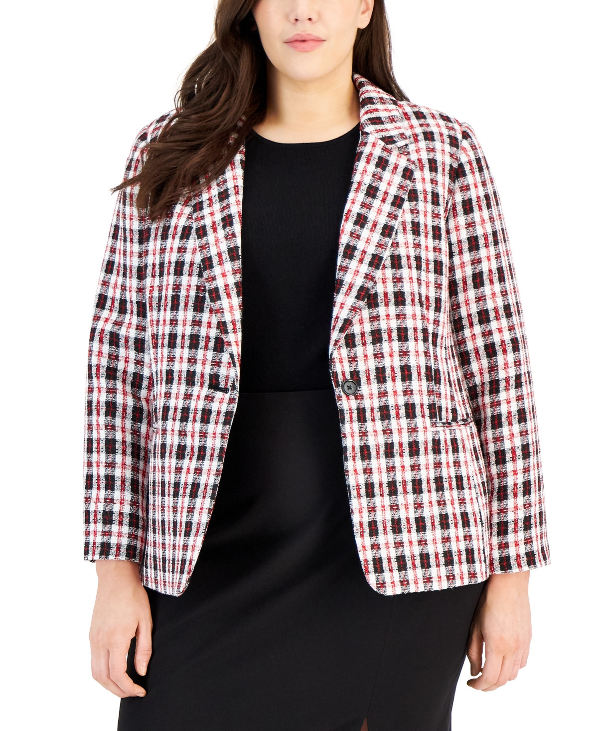 Tahari Asl Plus Size Plaid Long-Sleeve Blazer - Ivory Blac | Macy's