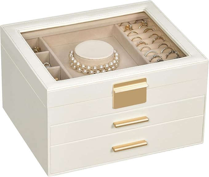 Jewelry Box for Women, Glass Lid Jewelry Organizer Box with 2 Drawers for Earrings Necklaces Ring... | Amazon (US)