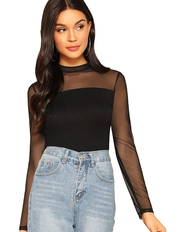 SweatyRocks Women's Mock Neck Long Sleeve Mesh Insert Elegant Blouse Tops | Amazon (US)
