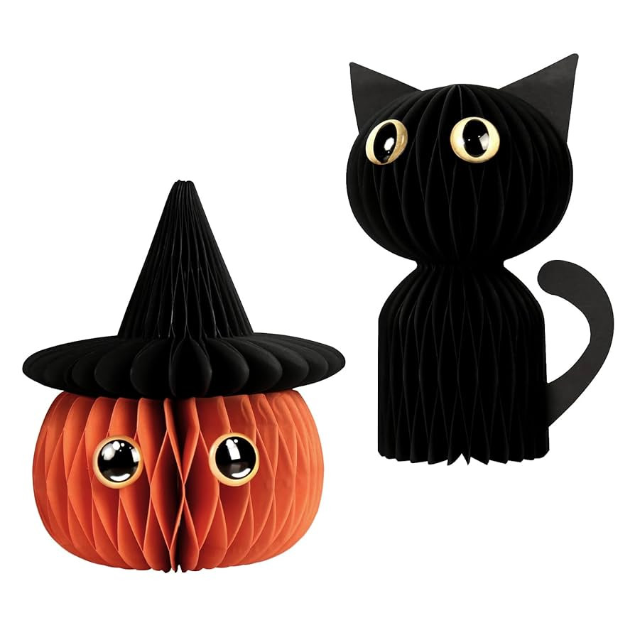 2 Pcs Halloween Paper Honeycomb Decorations Black Cat and Orange Pumpkin with Witch Party Decor | Amazon (US)