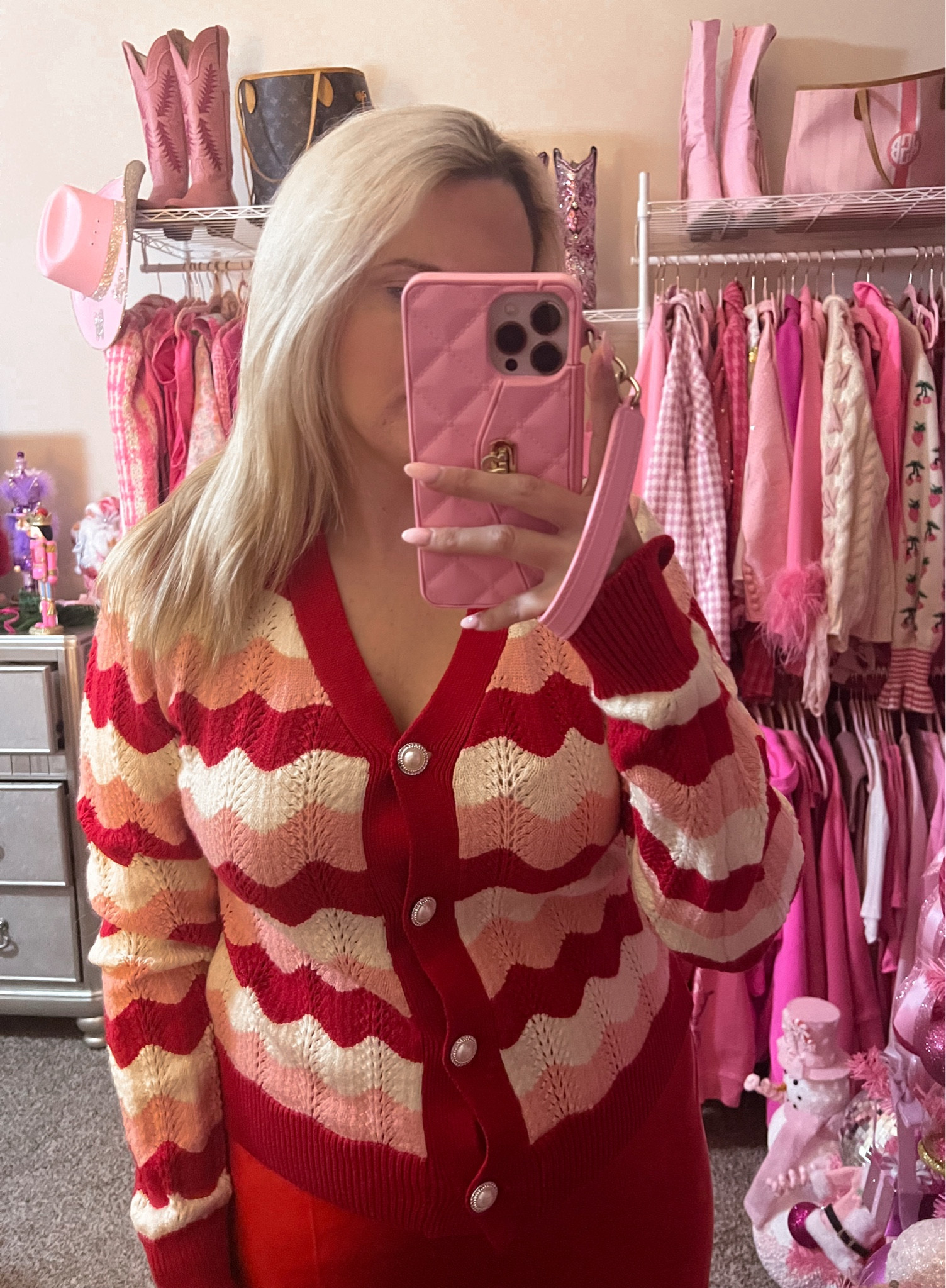 Red and light pink cardigan sweater 
Red satin skirt
Christmas outfit
Holiday party outfit


#LTKSaleAlert #LTKParties #LTKHoliday