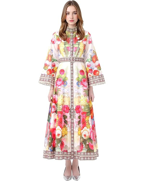 LAI MENG FIVE CATS Women's Floral Bell Sleeves Crew Neck Single Breasted Print Maxi Dress with Be... | Amazon (US)