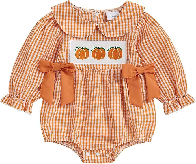 Baby Girl Halloween Outfit Pumpkin/Witch Hat Embroidery Plaid Long Puff Sleeve Smocked Bubble Rom... | Amazon (US)