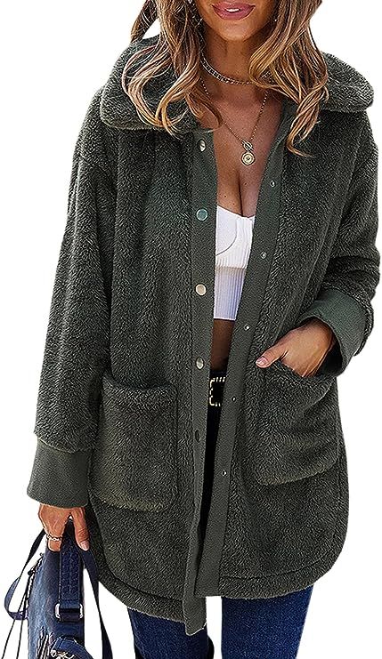 ECOWISH Women's Sherpa Jacket Casual Lapel Fleece Fuzzy Faux Shearling Zipper Teddy Coat Oversize... | Amazon (US)