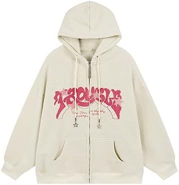Sumleno Y2K Zip Up Hoodie Letter Print Star Graphic Grunge Hooded Corduroy Sweatshirt Jacket Over... | Amazon (US)