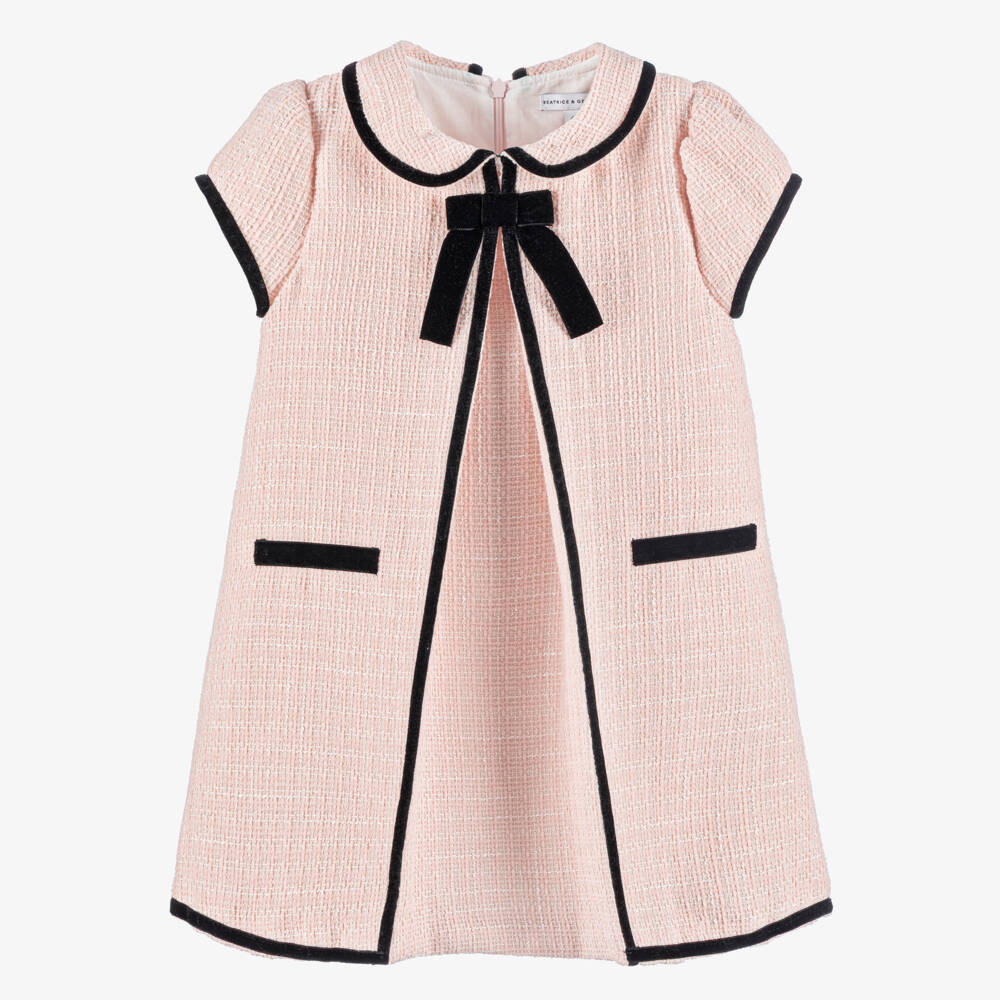 Beatrice & George Girls Pink Tweed & Black Velvet Dress | Childrensalon