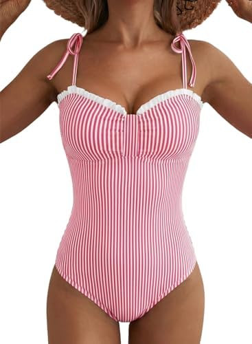 Herseas Women’s Striped One Piece Swimsuits Tie Shoulder High Cut Tummy Control Bathing Suit 20... | Amazon (US)