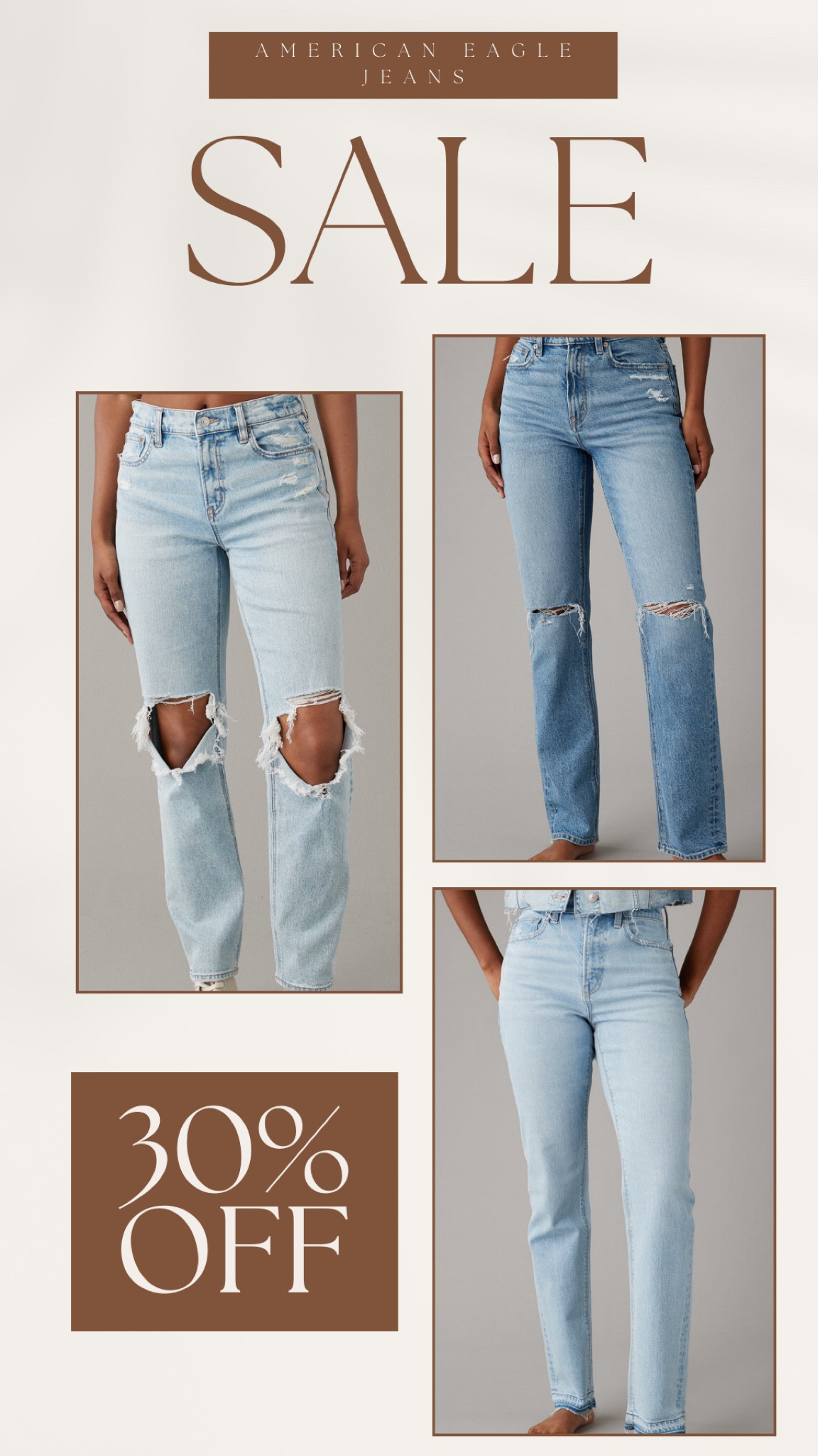 American Eagle Real Rewards Members take 30% off all jeans! 
Use code: REALBFFS

Sale / Jeans / American Eagle / 

#LTKsalealert #LTKstyletip #LTKfindsunder50