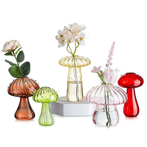 Glasseam Mushroom Flower Vase, Cute Colored Glass Vase Set of 5, Unique Bud Small Vase for Flowers, Aesthetic Decorative Vases for Home Decor, Hydroponic Plant Vase Indoor for Dining Room Centerpieces | Amazon (US)