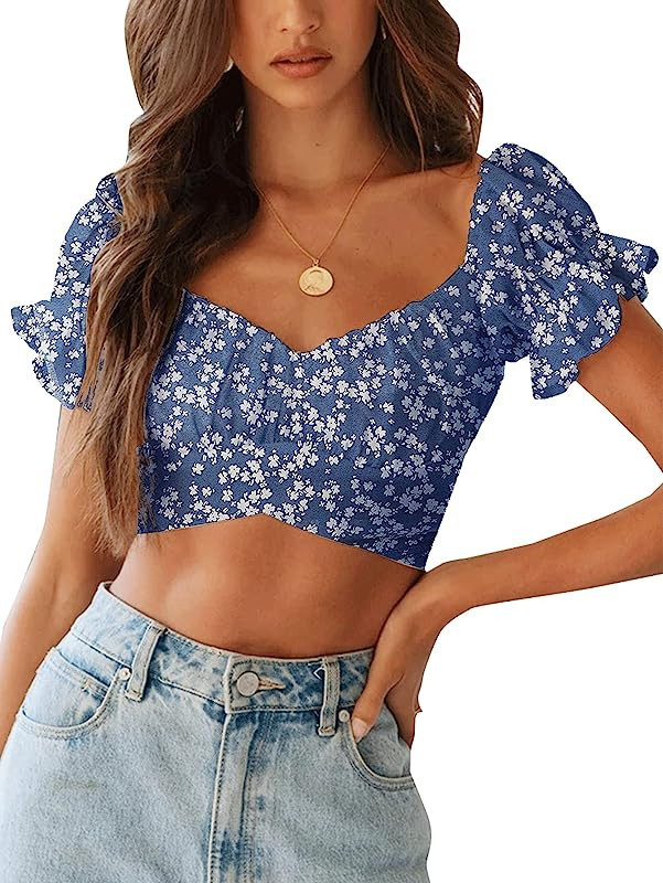 LYANER Women's Ruffle Short Sleeve Tie Up Back Crop Top Off Shoulder Bardot Blouse | Amazon (US)