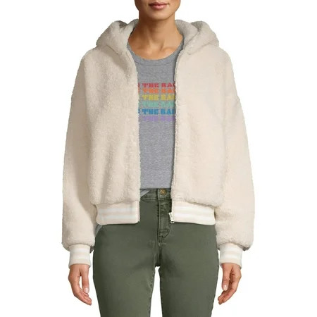 Scoop Faux Teddy Fur Zip Up Hooded Jacket Women's | Walmart (US)
