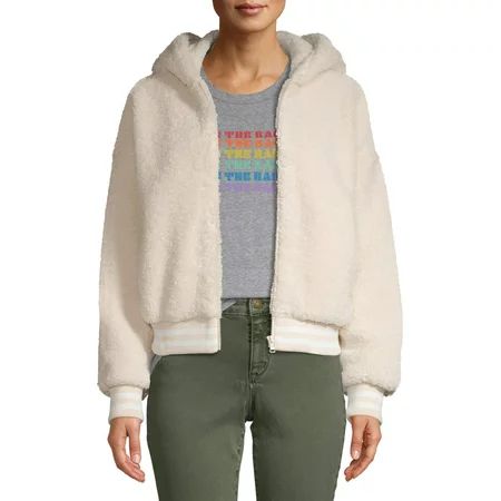 Scoop Faux Teddy Fur Zip Up Hooded Jacket Women's | Walmart (US)