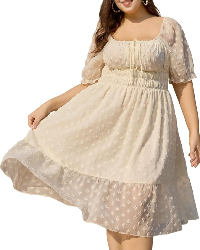 2025 Women Summer Plus Size Dresses Swiss Dot Puff Sleeve Square Neck Smocked Beach Vacation Flow... | Amazon (US)