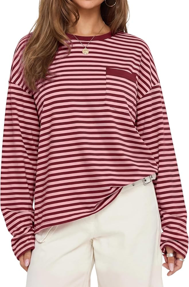 Women's Oversized Striped Long Sleeve Crew Neck T-Shirt | Amazon (US)