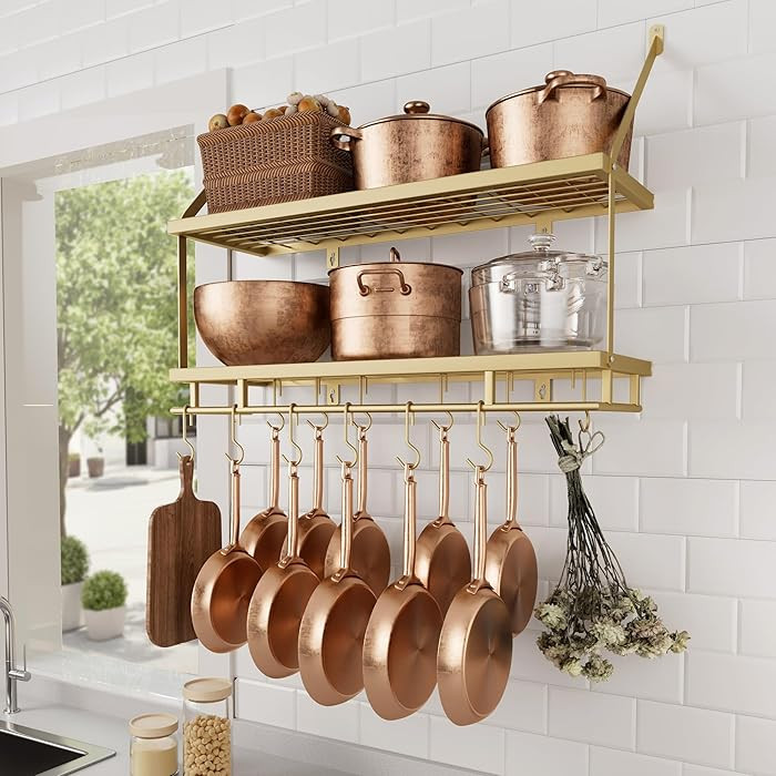 KES 30-Inch Gold Pot Rack Wall Mounted, 2-Tier Hanging Pot and Pan Organizer with 12 Sturdy Hooks... | Amazon (US)