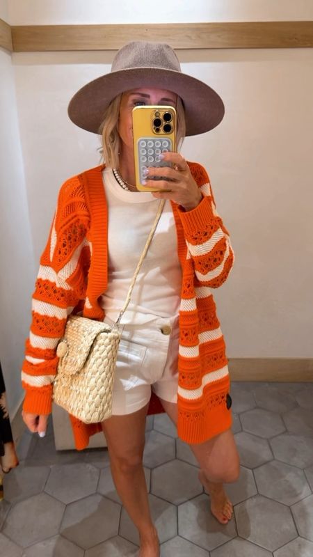 Summer outfit
On sale
Cardigan is listed as red- I really would say it’s an orange.  It’s a wide knit, great option to throw in for a summer night or restaurants with AC
Wearing my true size xs
 It is an oversized fit 
Extra 40% off appears when in cart at checkout- no code neededd

#LTKFindsUnder50 #LTKStyleTip #LTKSaleAlert