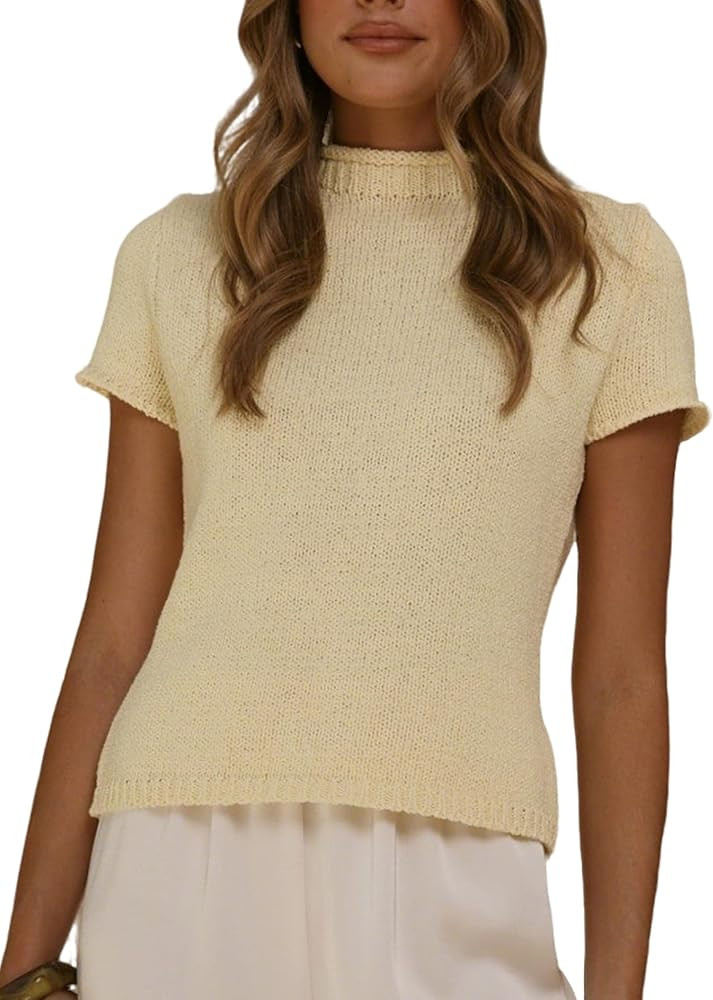 Short Sleeve Sweater for Women Summer Mock Neck Knit Tops Casual Knit Cropped Tops Spring 2026 | Amazon (US)