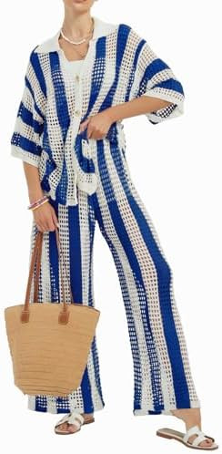 NIFTRIRY Women Cover Up Sets Button Up Tops with Pants Crochet Set Outfit 2 Piece Outfits Vacatio... | Amazon (US)