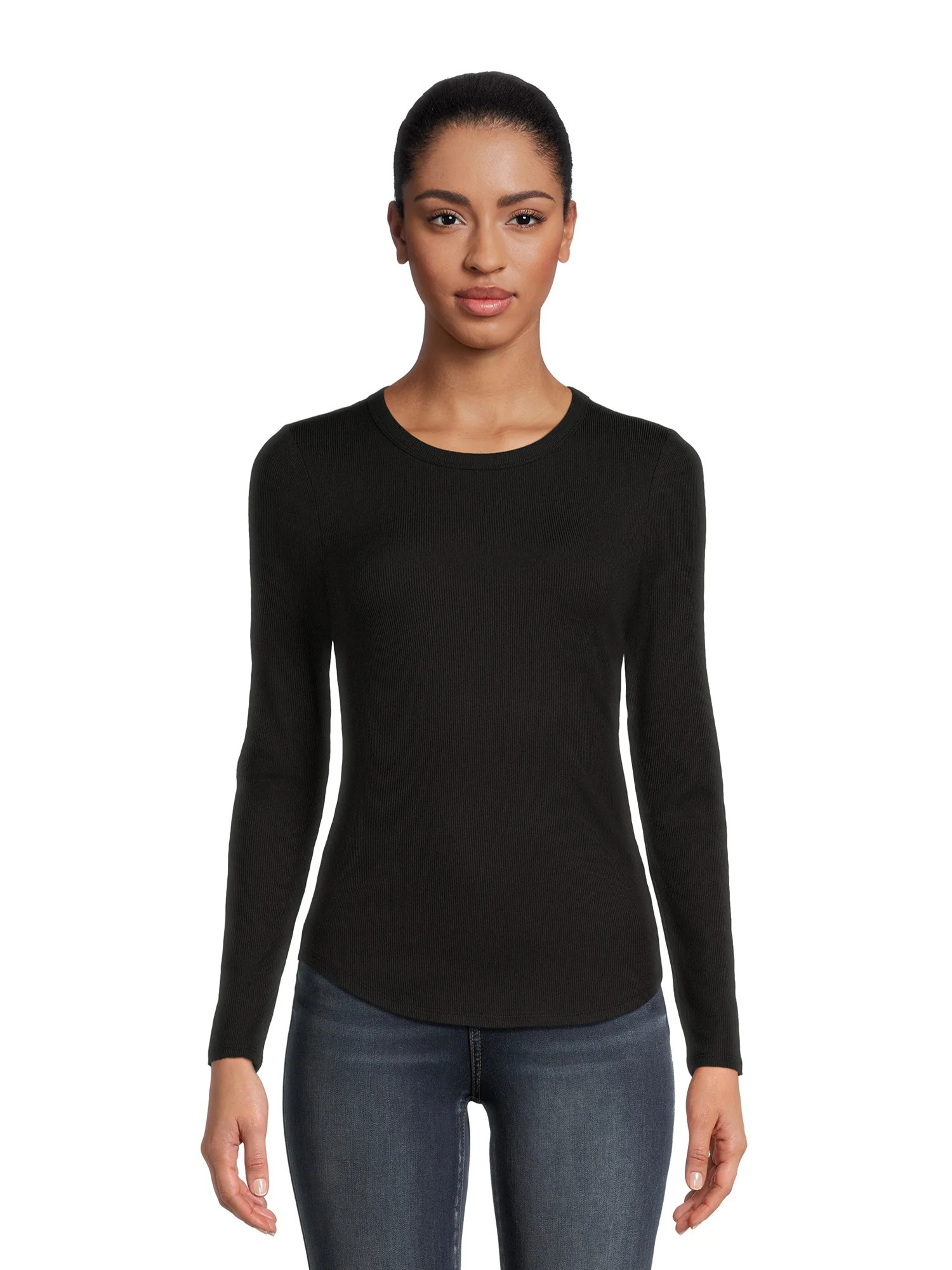 No Boundaries Juniors Ribbed Crewneck Tee with Long Sleeves | Walmart (US)