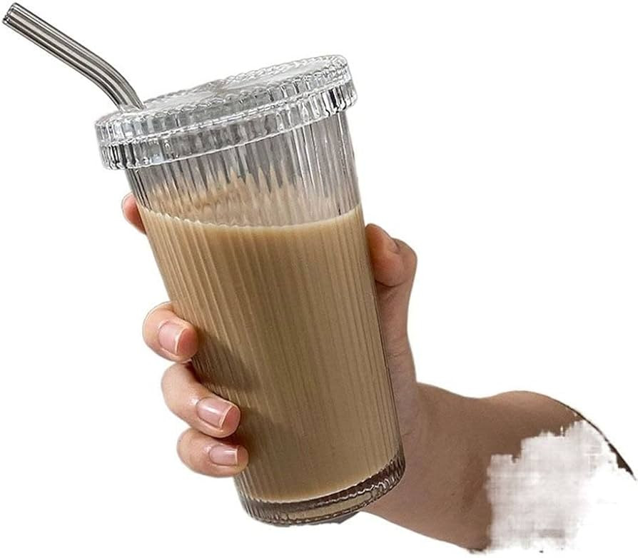 gofidin Clear Glass Coffee Mug 375ml Simple Stripe Clear Glass Cup With Lid And Straw Transparent... | Amazon (US)