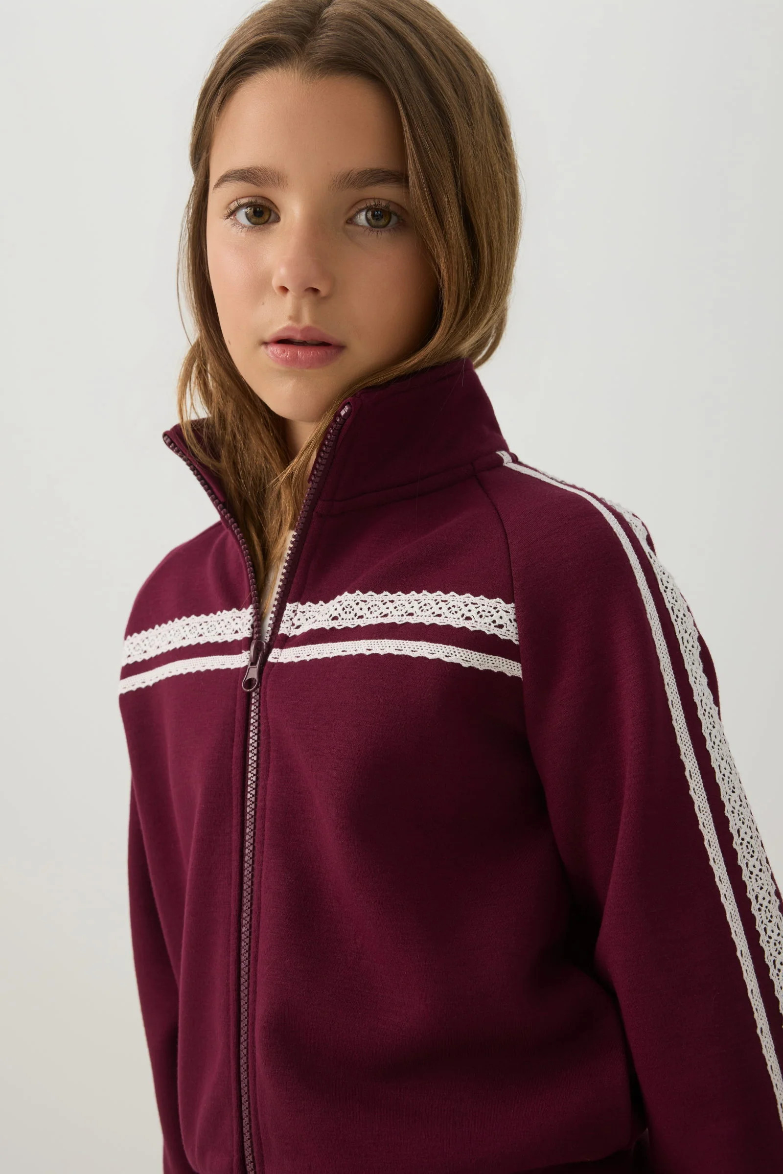 Zip Up Mock Neck Sweatshirt with Lace Details Burgundy | Ardene Canada | Ardene US