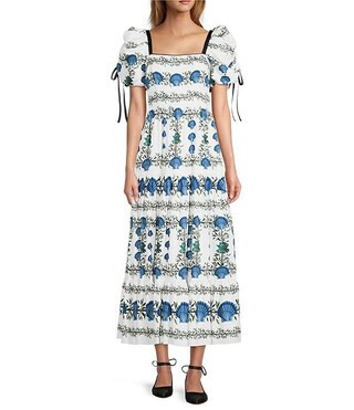 x Jennifer Sumko Cecily A-Line Tie Puffed Sleeve Maxi Dress | Dillard's