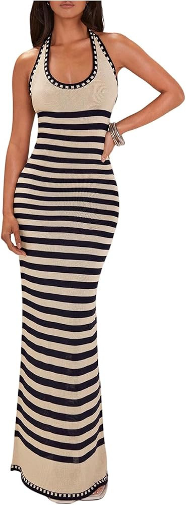Floerns Women's Striped Sweater Dress Halter Sleeveless Knitted Beach Vacation Bodycon Long Dress... | Amazon (US)