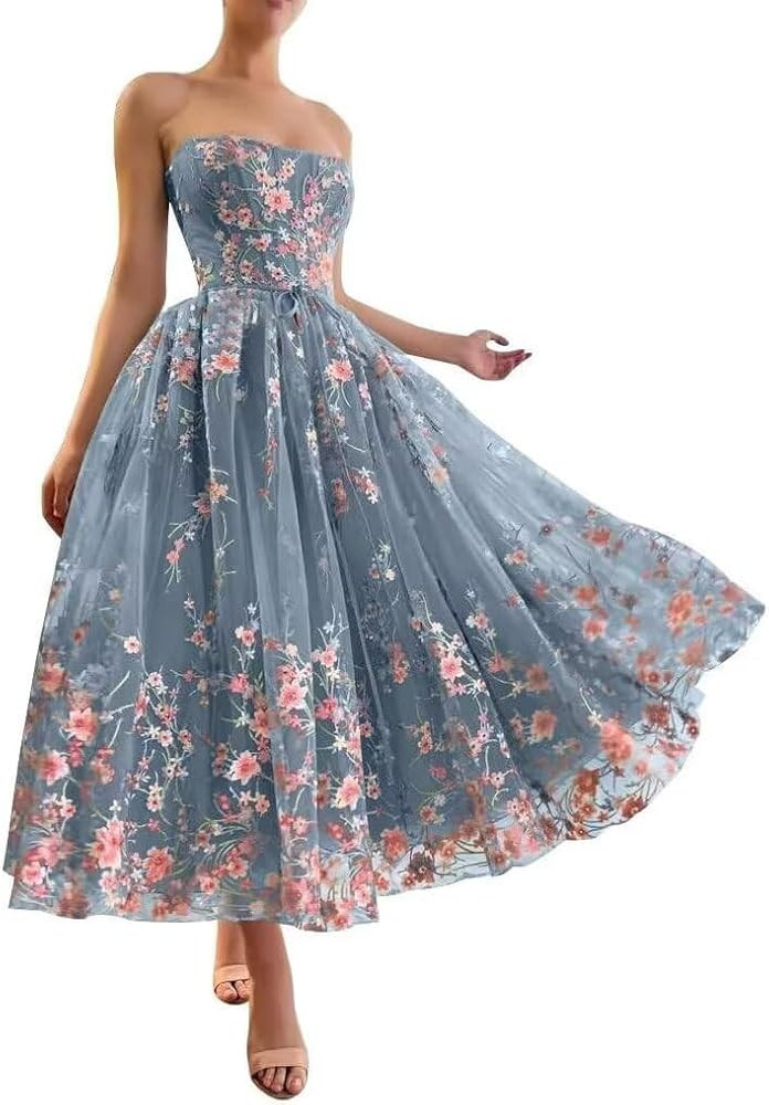 Jamille Tea Length Prom Dress with Pocket Strapless Dloral Gown Ball Gowns Tulle Formal Evening D... | Amazon (US)