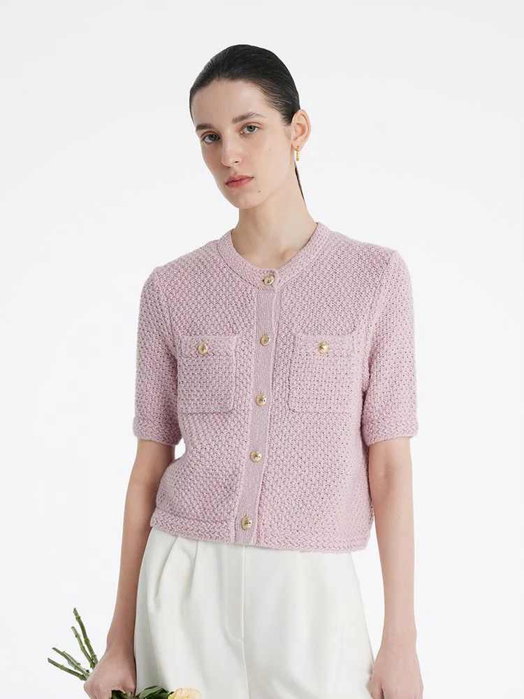 Openwork Round Neck Knitted Women Cardigan | GOELIA