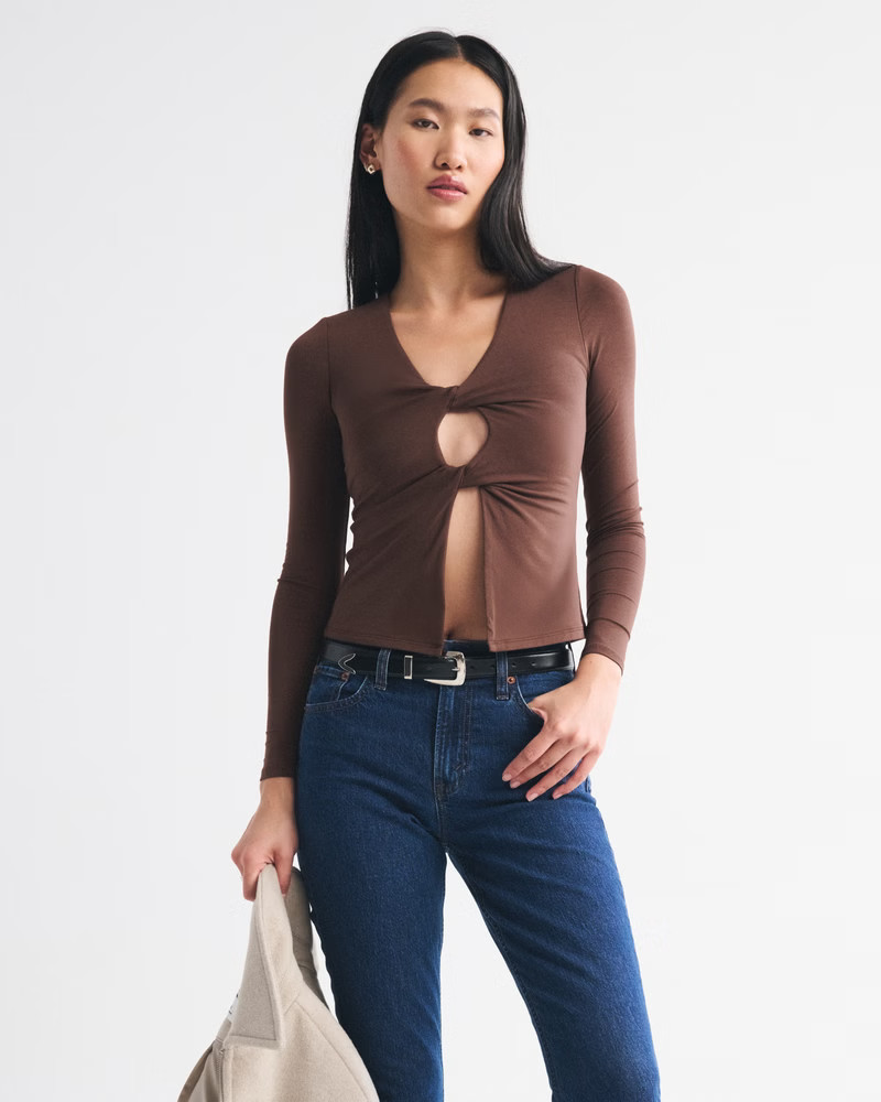 Bra-Free Long-Sleeve Mesh Plunge Top | Abercrombie & Fitch (US)