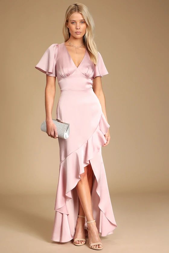 Eternal Bond Blush Satin Ruffled Flutter Sleeve Maxi Dress | Lulus