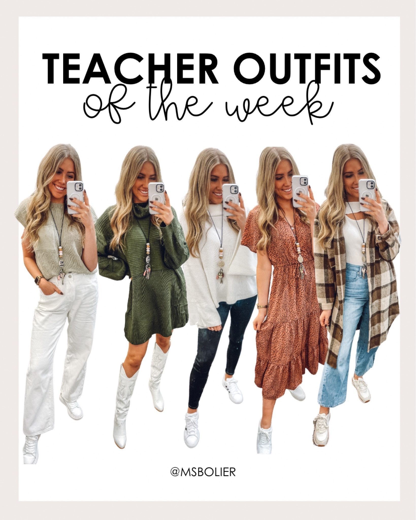 teacher outfits of the week for Nov 13-17! 

short sleeve sweater top: wearing my usual size M
white pants: true to size 
green sweater dress: wearing M & I’m 5’6"
white sweater: wearing M
Black Pants: true to size 
Pink dress: wearing M
Brown flannel: wearing M
Cutout top: true to size
Jeans: true to size 
All sneakers I like to size up half! 
Cowgirl Boots: true to size 

| fall outfits | work outfits | teacher outfits | middle school teacher | amazon fashion 

#LTKworkwear #LTKSeasonal #LTKfindsunder100