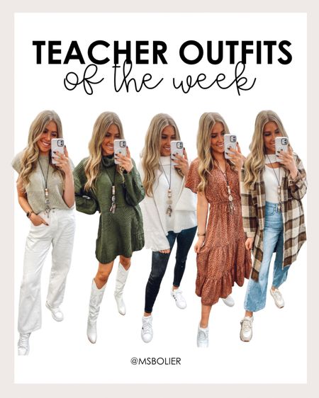 teacher outfits of the week for Nov 13-17! 

short sleeve sweater top: wearing my usual size M
white pants: true to size 
green sweater dress: wearing M & I’m 5’6"
white sweater: wearing M
Black Pants: true to size 
Pink dress: wearing M
Brown flannel: wearing M
Cutout top: true to size
Jeans: true to size 
All sneakers I like to size up half! 
Cowgirl Boots: true to size 

| fall outfits | work outfits | teacher outfits | middle school teacher | amazon fashion 

#LTKworkwear #LTKSeasonal #LTKfindsunder100