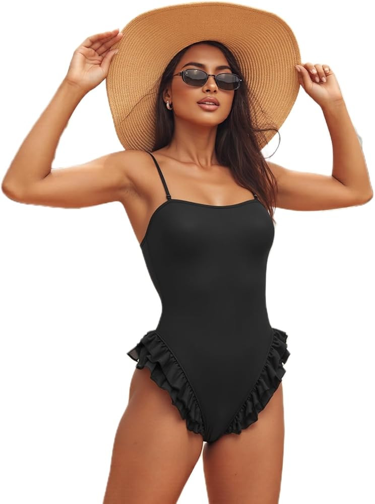 Mxiqqpltky One Piece Womens Swimsuits Y2k Ruffle Bathing Suit Spaghetti Strap Square Neck Tummy C... | Amazon (US)