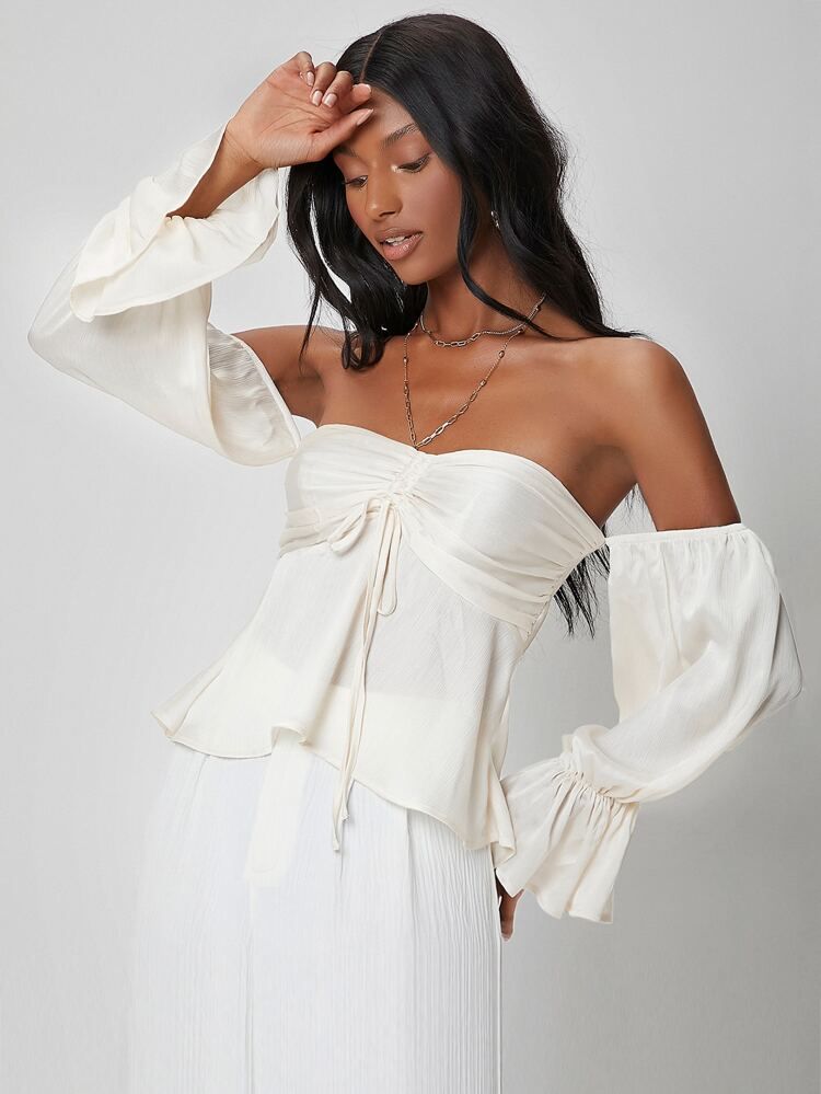 SHEIN Off Shoulder Flounce Sleeve Ruched Knot Peplum Top | SHEIN