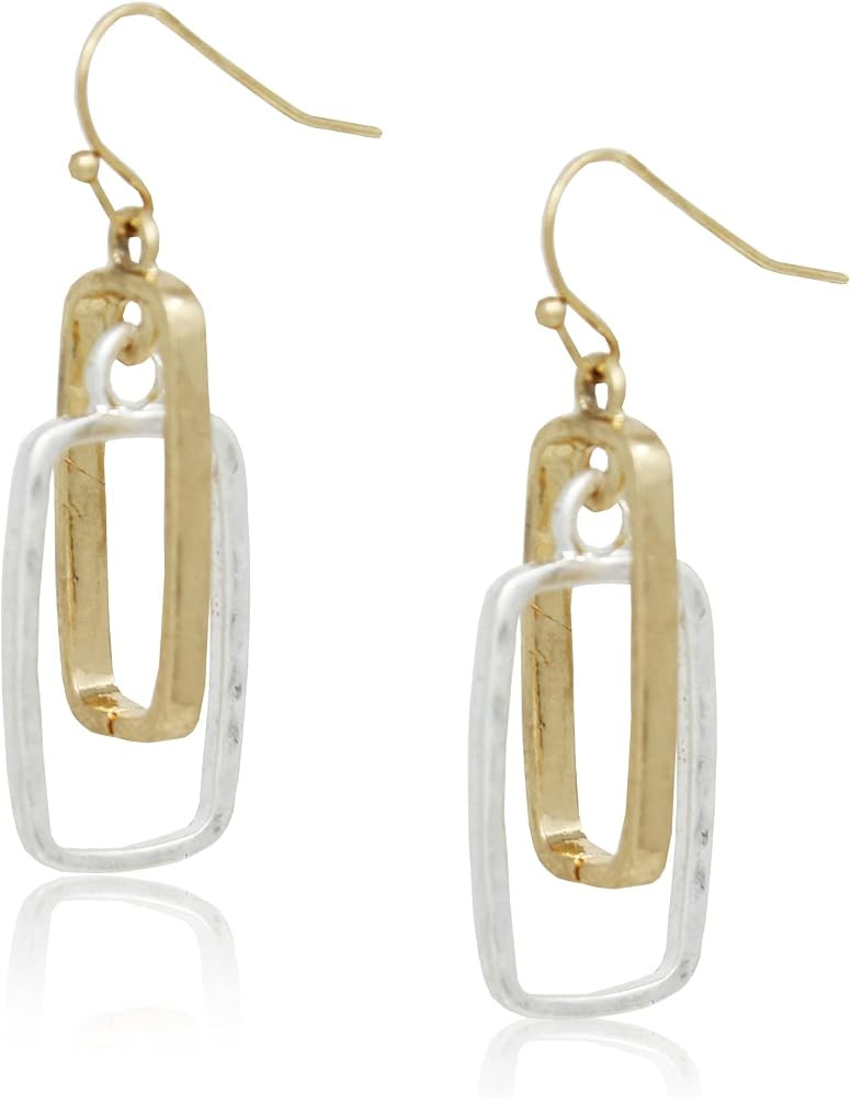 POMINA Lightweight Geometric Gold Silver Two Tone Hammered Dangle Drop Earrings Linked Circle Rec... | Amazon (US)