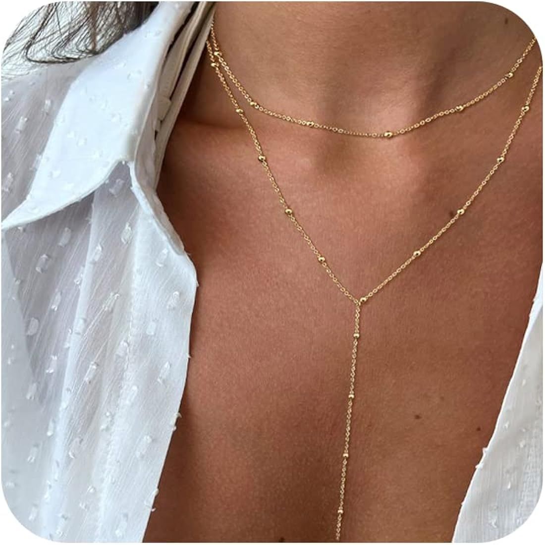 CHESKY Dainty Long Gold Necklaces for Women, Trendy Lariat Y Necklace 14k Gold Plated Layered Bea... | Amazon (US)