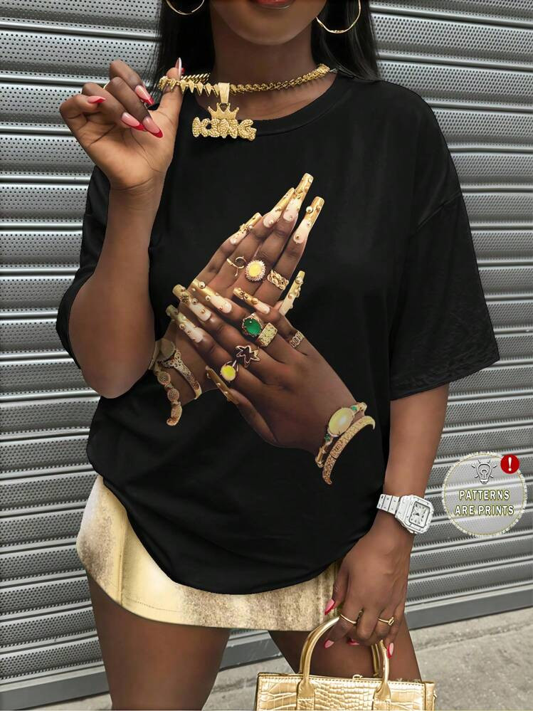 Maweii Women Metallic Graphic Print Loose Fit Crew Neck Short Sleeve T-Shirt, Plus Size | SHEIN