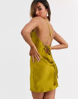 ASOS DESIGN cami mini slip dress in high shine satin with lace up back | ASOS (Global)