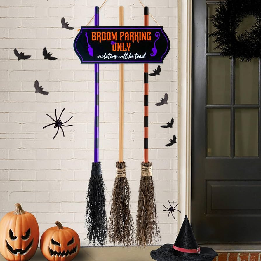 Porch Halloween Decorations - Halloween Broom Parking Sign with 3 Wooden Witches Brooms Decor - W... | Amazon (US)