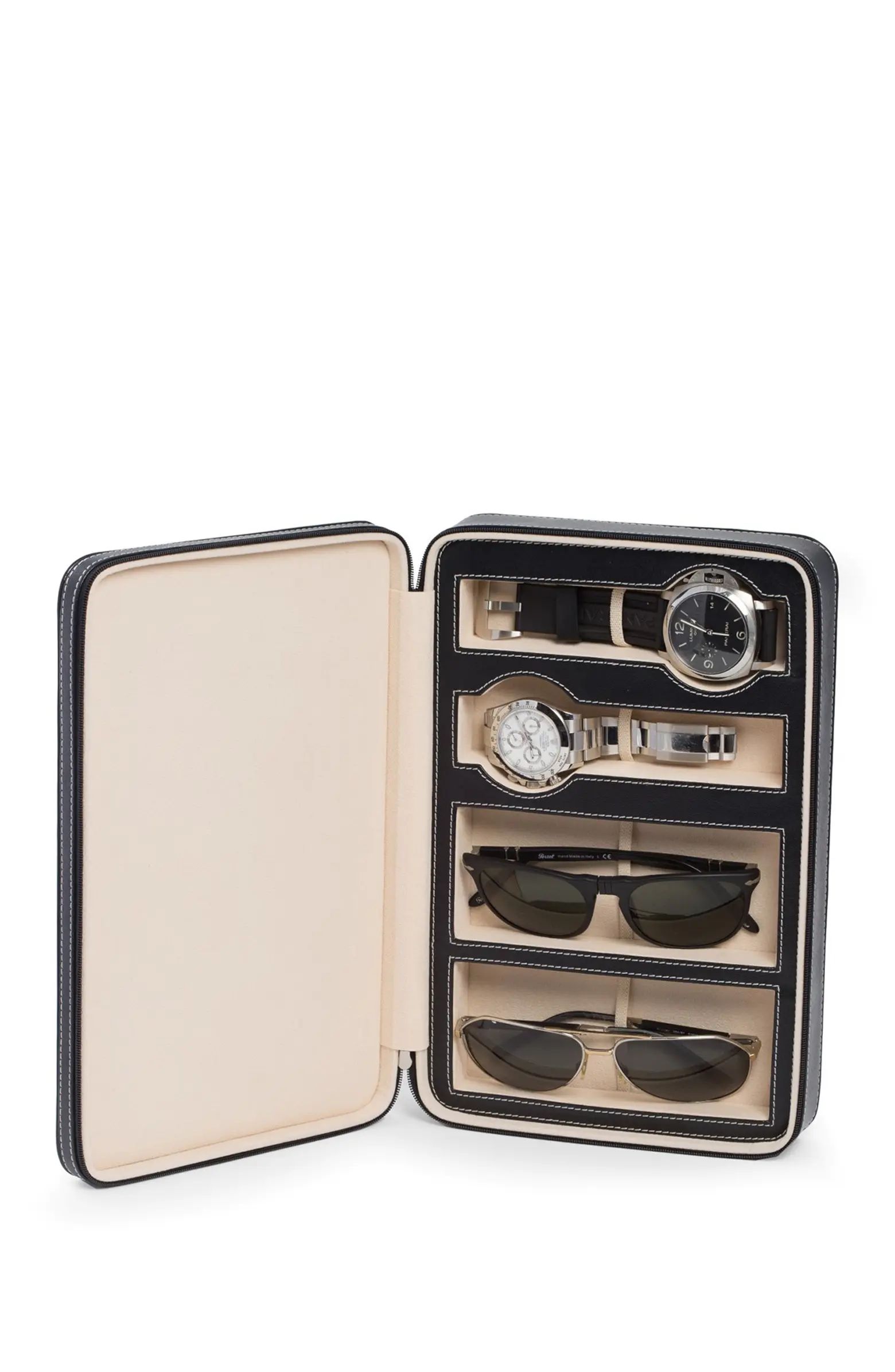 Black Leather Two Watch & Two Sunglass Travel Case | Nordstrom