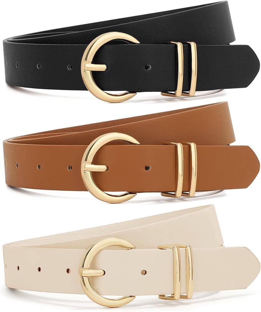 XZQTIVE 3 Pack Women Belts For Jeans Dresses Pants Ladies Leather Waist Belt with Gold Buckle | Amazon (US)