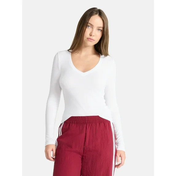 No Boundaries V-Neck Ribbed Top with Long Sleeves, Women’s | Walmart (US)