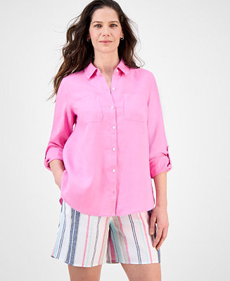 Petite 100% Linen Button-Front Shirt | Macy's