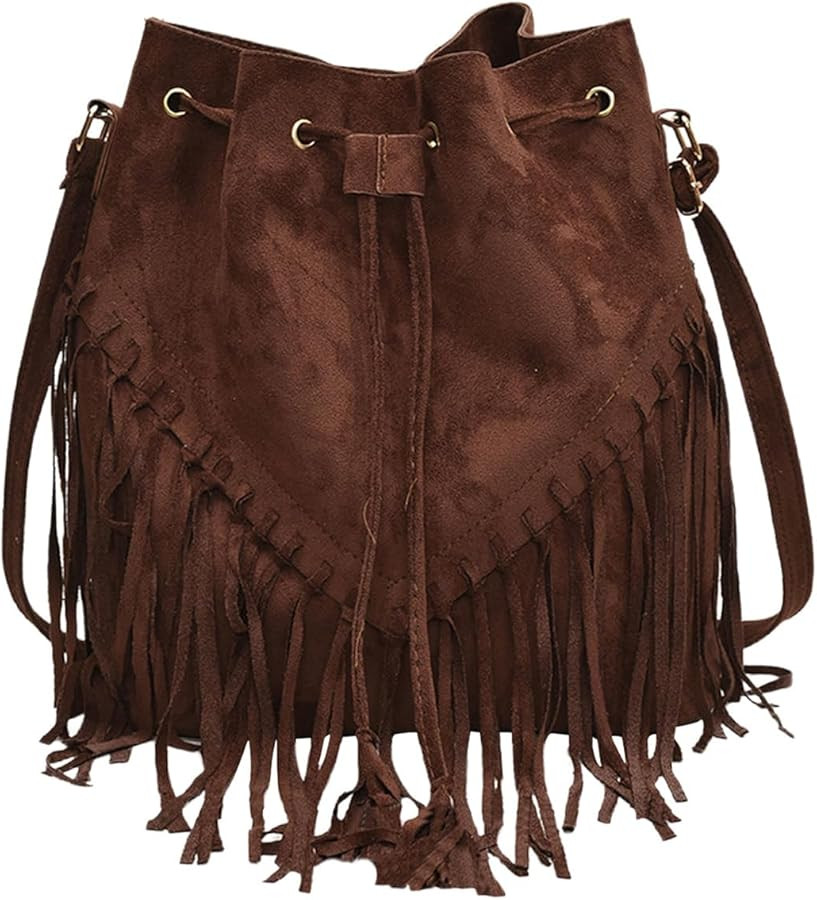 MakeMeChic Women's Fringe Single Strap Shoulder Handbags Suede Drawstring Crossbody Bag | Amazon (US)