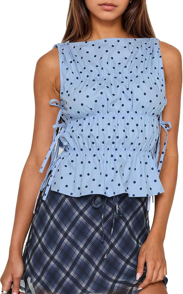 Women Polka Dot Sleeveless Peplum Tops Side Bow Tie Ruched Smocked Tank Tops Boat Neck Summer Goi... | Amazon (US)