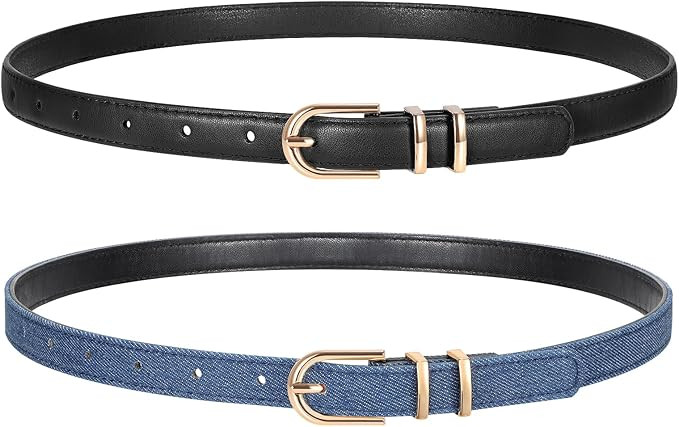2 Pack Women Skinny Leather Belts for Jeans Pants Thin Faux Leather Belt with Gold Buckle | Amazon (US)