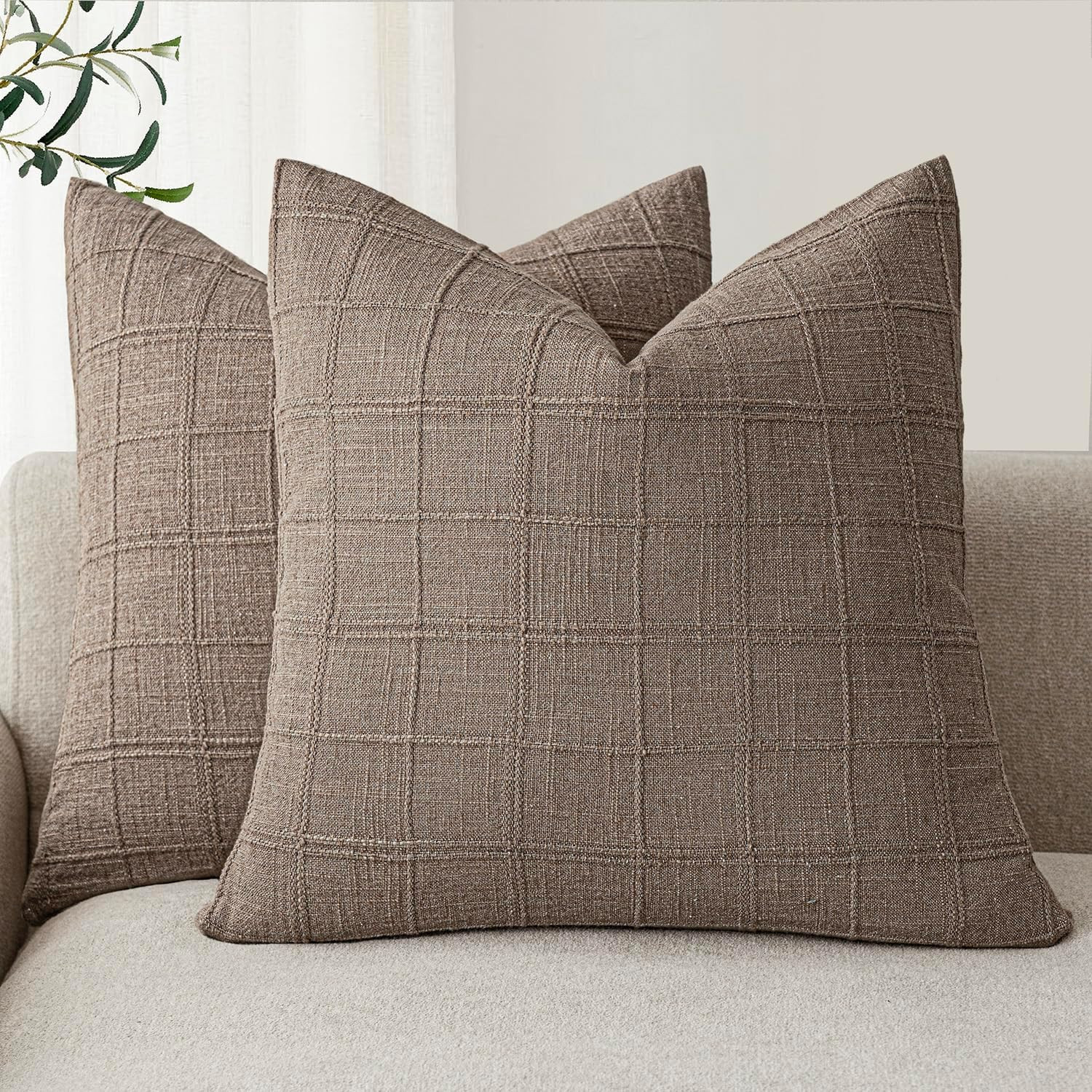 Foindtower Boho Linen Check Decorative Throw Pillow Covers 24×24 Tan Taupe | Amazon (US)