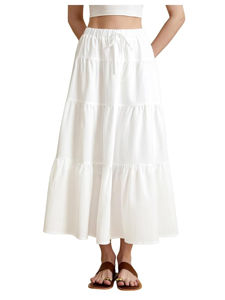 Women's Tiered Ruffle Hem Skirt Elastic Waist Flowy Maxi Beach Vacation Skirts | Amazon (US)